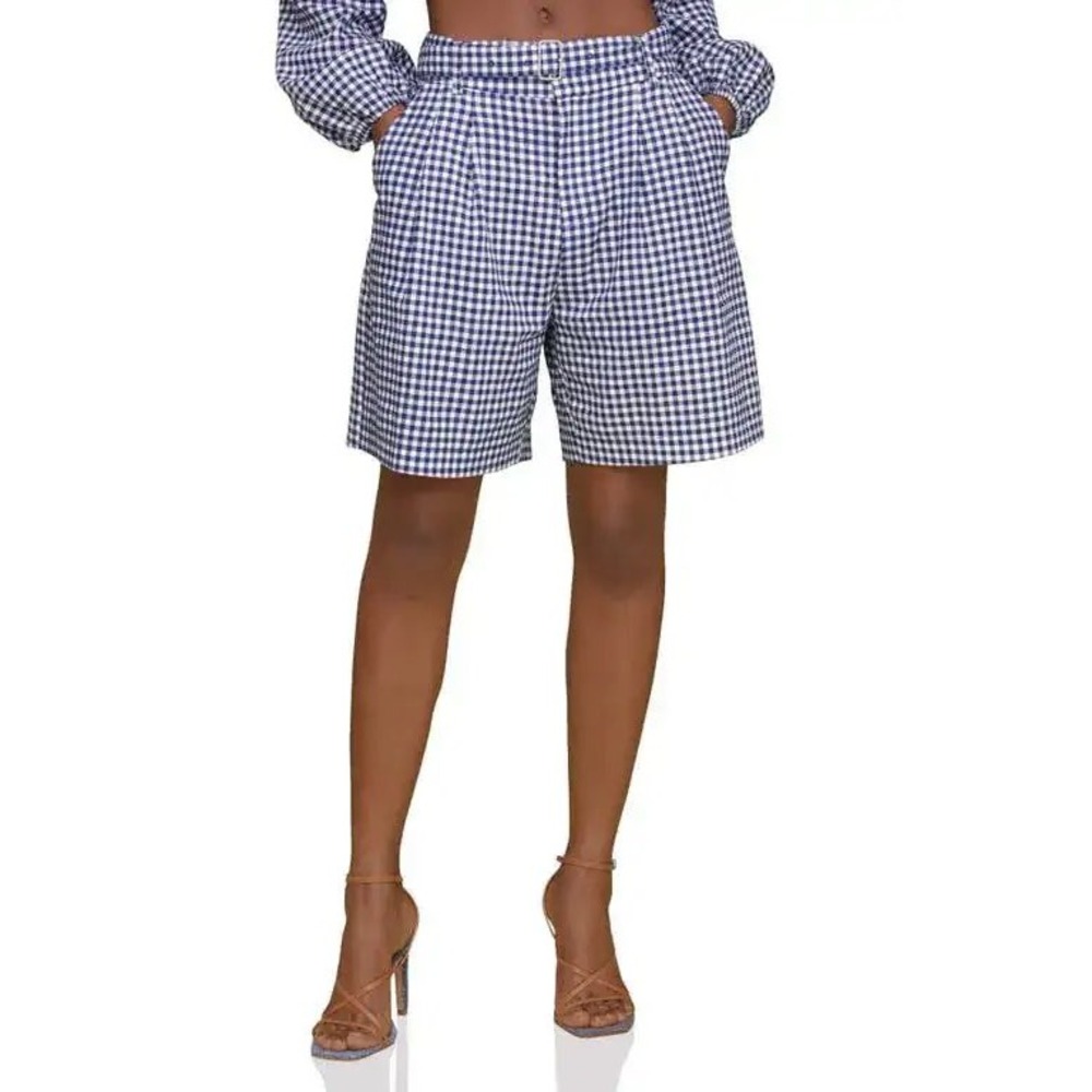 New Avec Les Filles Gingham Linen Blend Belted Shorts Navy Blue White Size 8